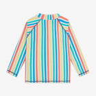 UV Protective Rash Vest Multi Stripe, a long-sleeved top with colourful vertical stripes of teal, coral, yellow, blue and white.